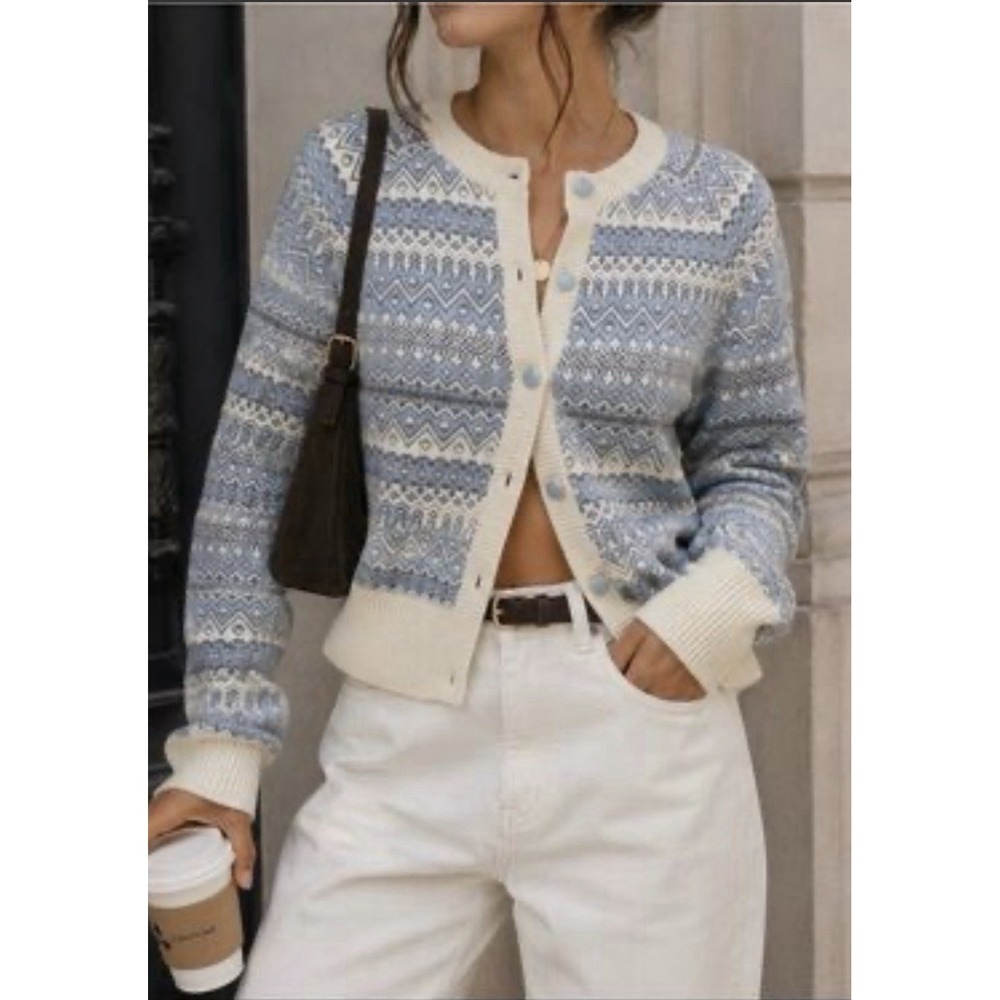 Cynthia Rowley Fair Isle knit cardigan classic Nordic geometric pattern Size 2X
